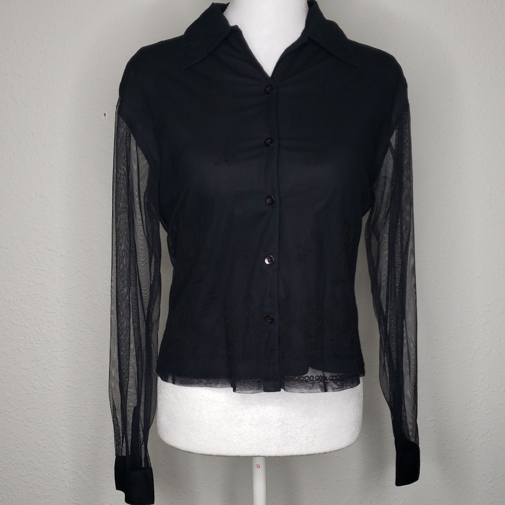 Vintage Petite Sophisticate Sheer Floral Embroidered Top Size M Grunge 90s Black